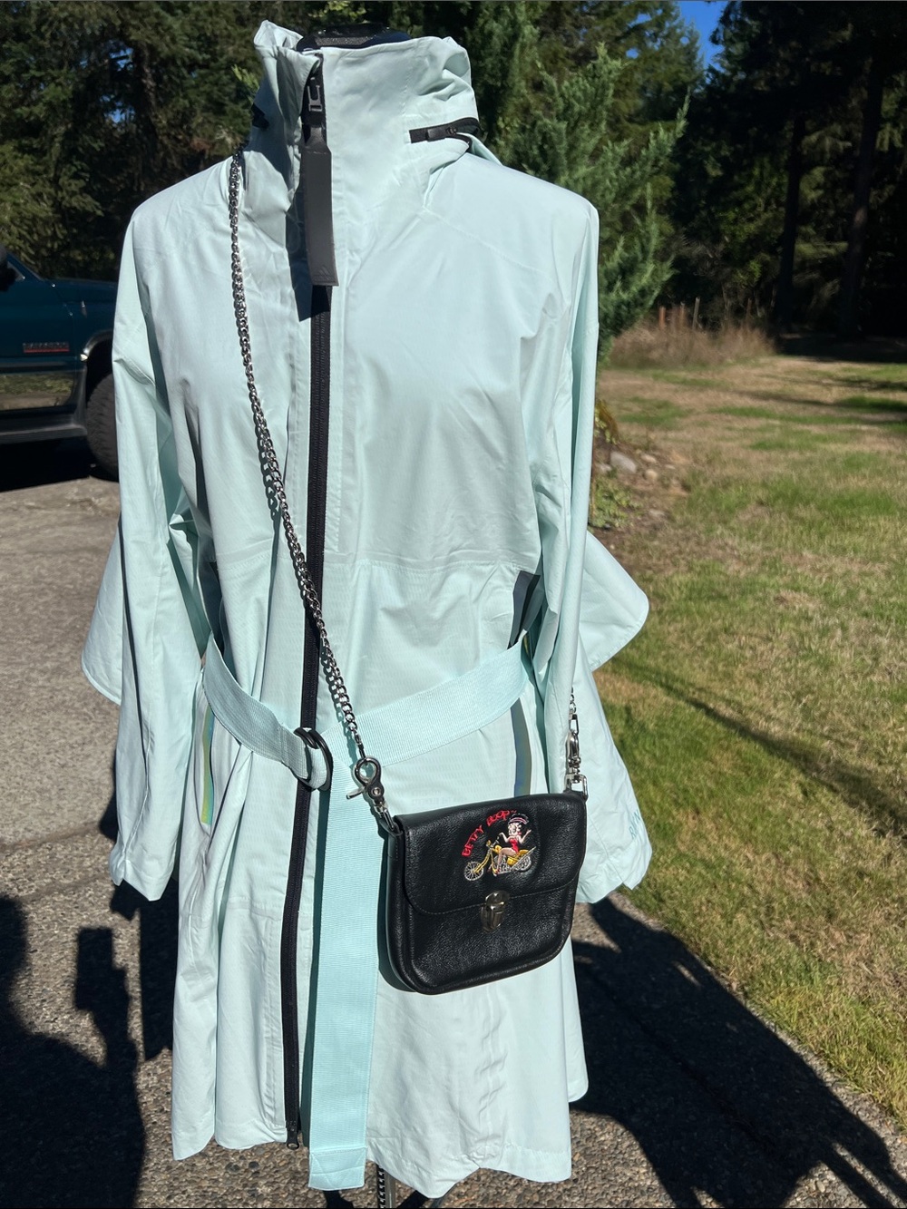 Betty Boop Black Leather Crossbody Bag with Embroidered Motorcycle